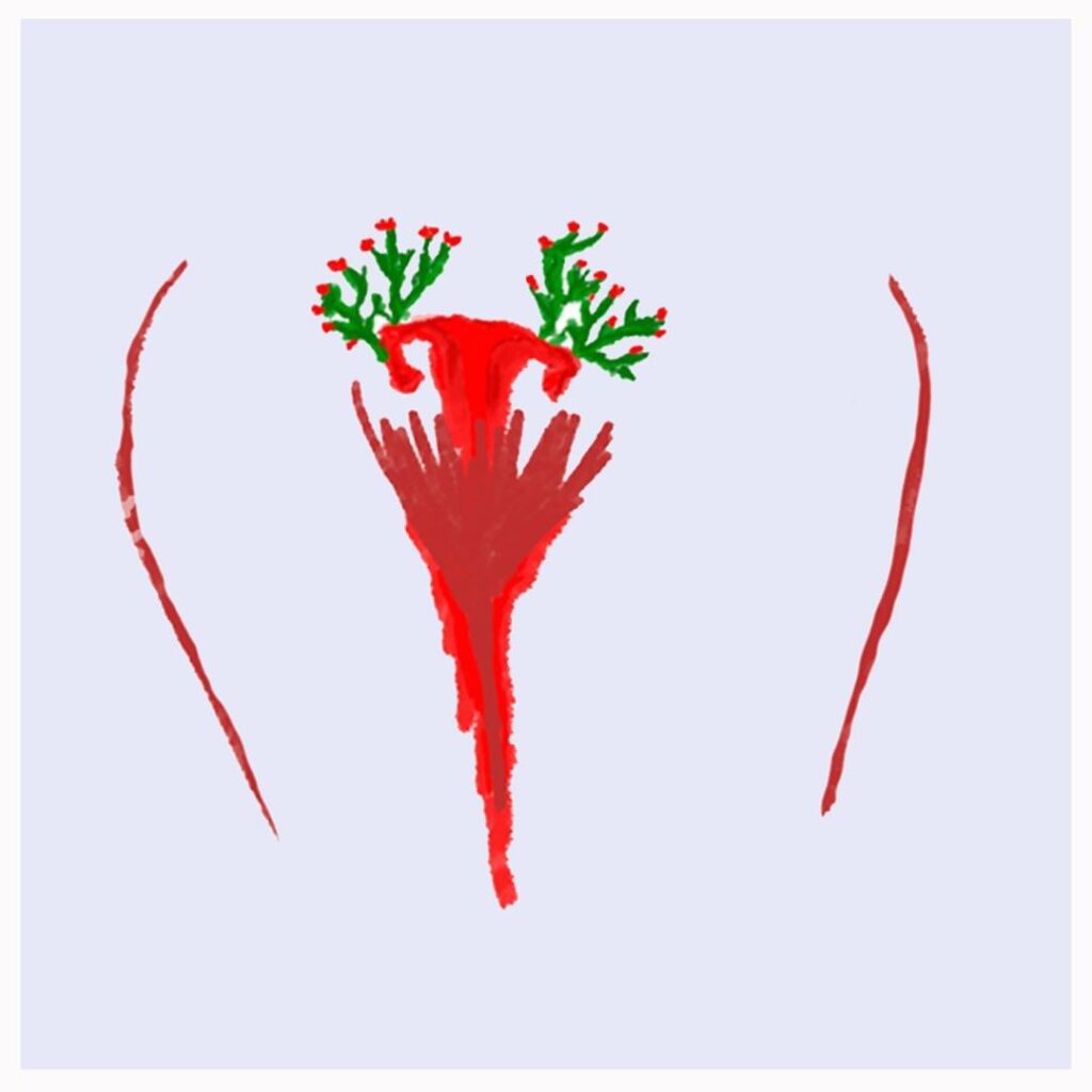 um desenho de um ventre desnudo com um útero florido e as pernas cheias de sangue